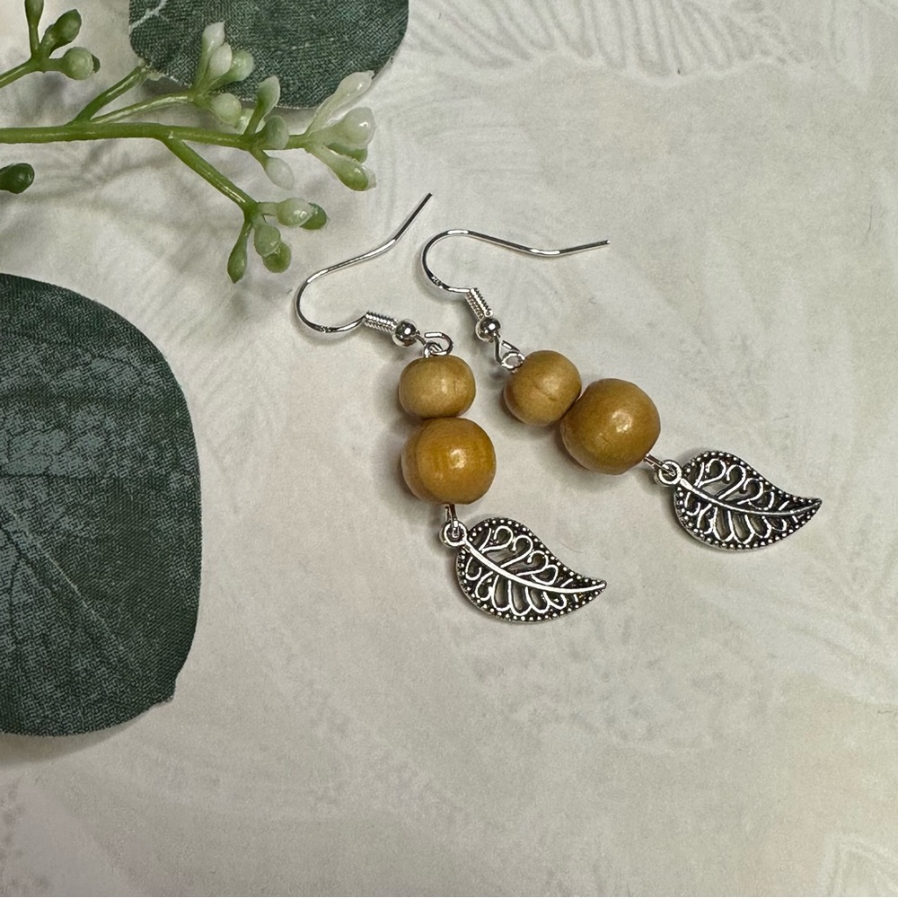 3/$25 Boho Wood & Leaf Silver Earrings